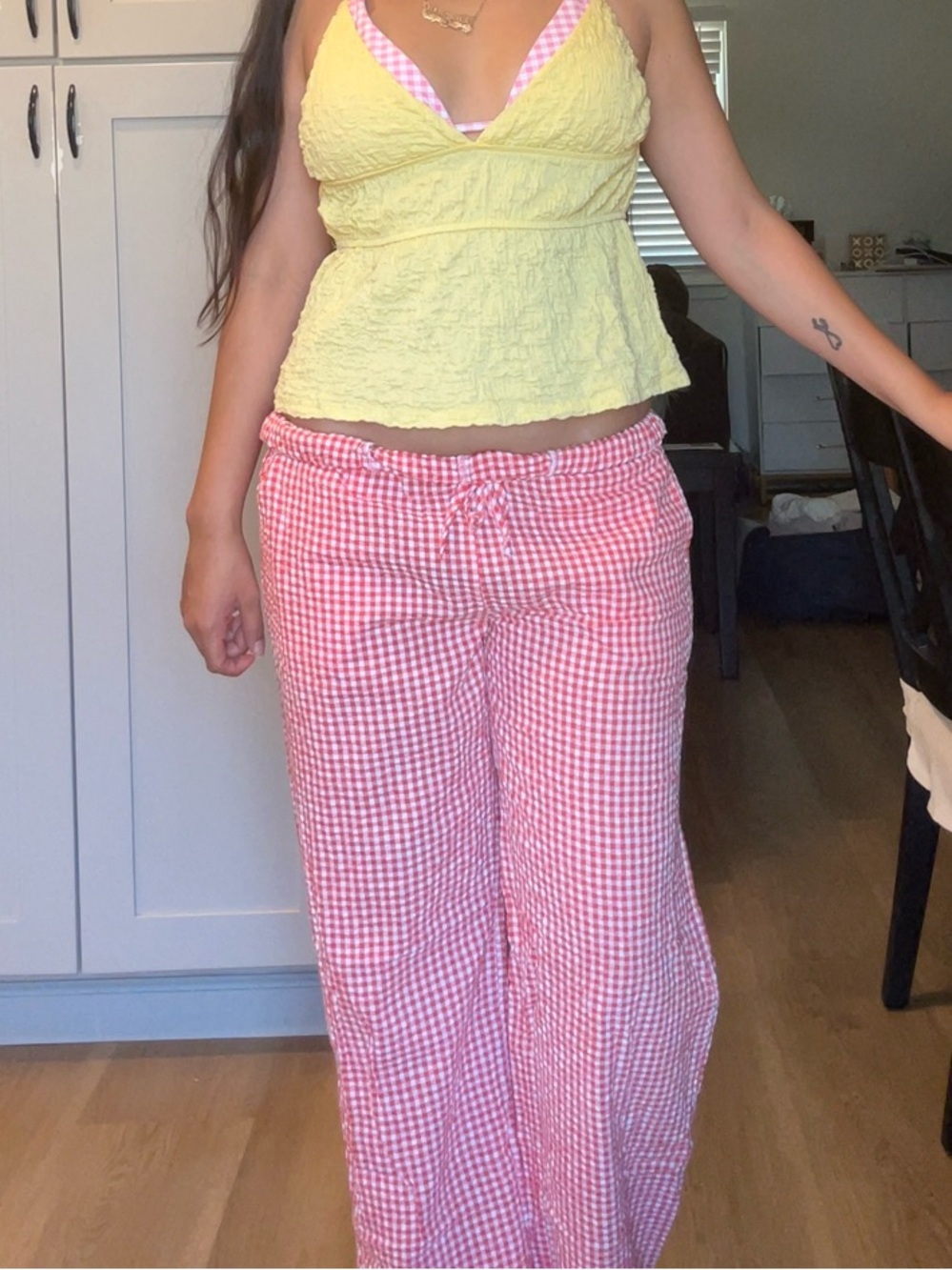 Casual Wide Leg Gingham Pants in Red